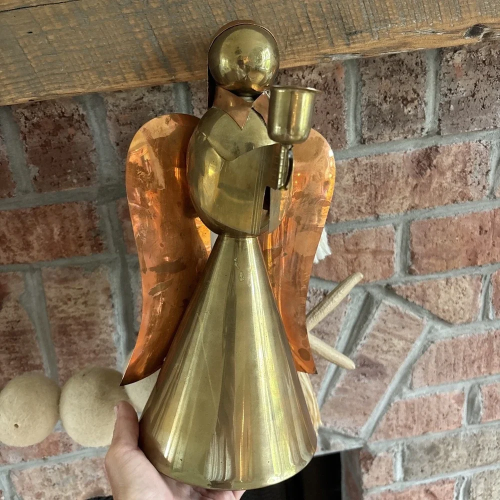 VTG Brass Copper Angel Candle Holder 12 Inch Mid-Century Modern Patina Hong Kong